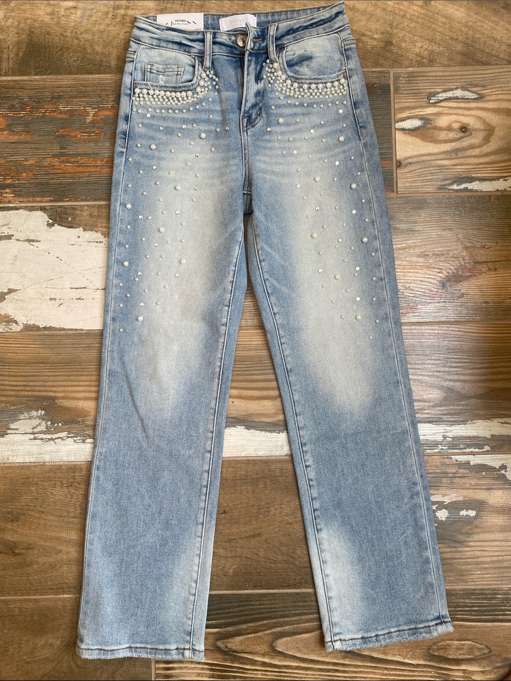 Pearl-Embellished Light Blue Straight Leg Jeans